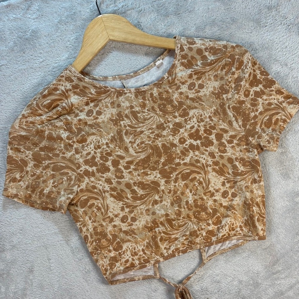 PacCares‎ Women's Tie Back Crop Top Marble Print Brown Short Sleeve Size S
